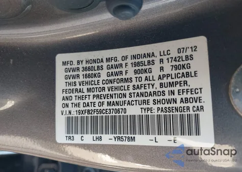 2012 Honda Civic Lx from USA, damaged, VIN 19XFB2F59CE370670